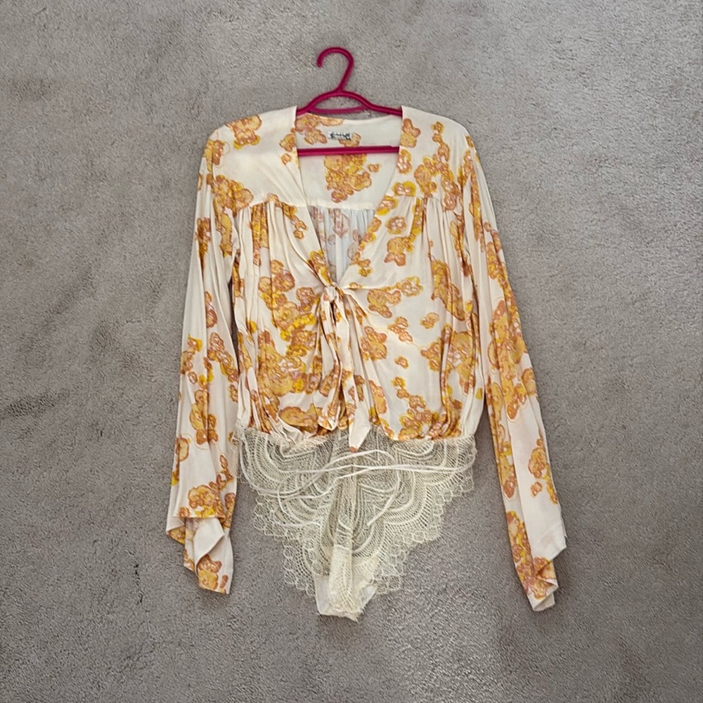 Intimately Free People Forties Feels Yellow Floral Print Tie Front Bodysuit